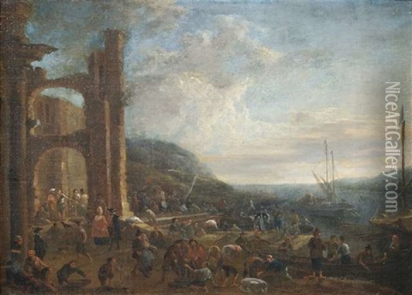 Emsiges Treiben An Sudlichem Hafen (pair) Oil Painting - Franz Thomas Canton