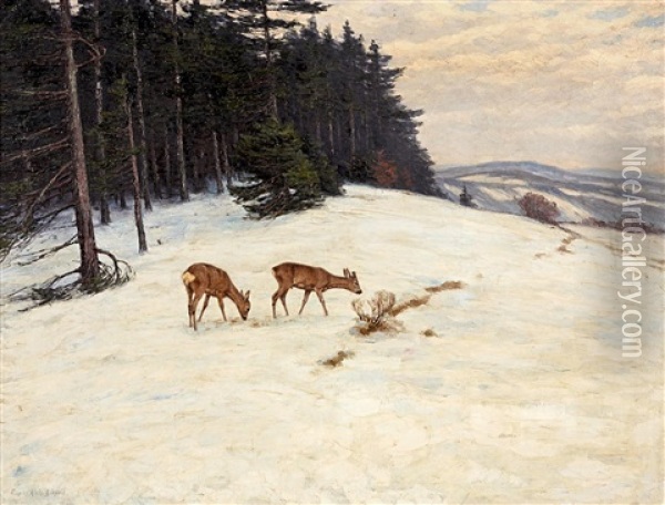 Asende Rehe Im Schnee Am Waldrand Oil Painting - Maximilian Klein Von Diepold