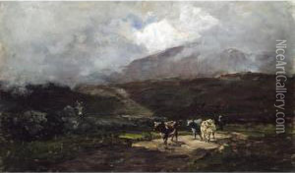 Glenmalure, Co. Wicklow - Herdsman And Cows On A Country Road Oil Painting - Nathaniel R.H.A. Hone Ii,