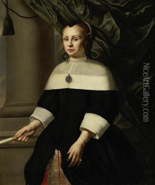 Portrait Of A Lady, Three-quarter-length, In A Black Dress Oil Painting - Carel van Savoyen