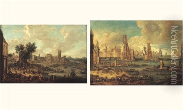 Vue De Ville Fluviale Imaginaire Animee D'embarcations (+ Another, Larger, Oil On Canvas Laid On Panel; 2 Works) Oil Painting - Pieter Casteels the Younger