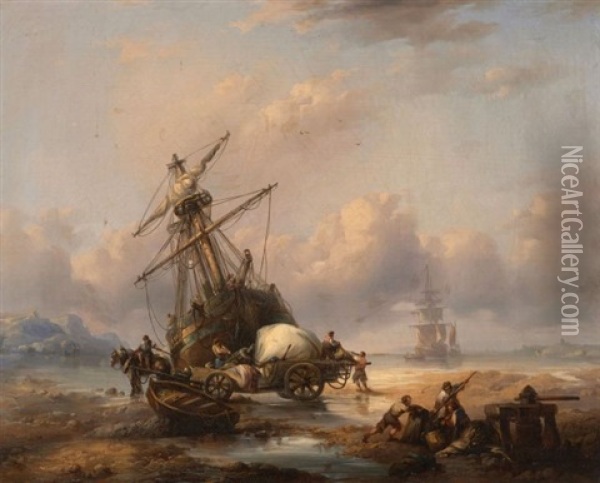 Navire Sur Un Rivage Oil Painting - Francois-Etienne Musin