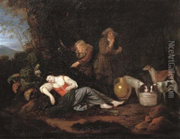 Two Hunters Teasing A Sleeping Milkmaid Oil Painting - Adriaen Cornelisz Beeldemaker