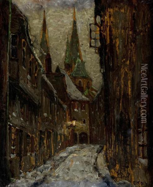 A Dark European Street Scene Oil Painting - Ernst Kolbe