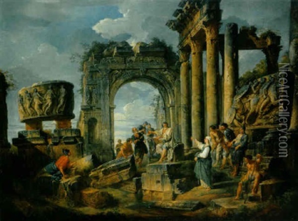 Une Sibylle Prechant Parmi Des Ruines Romaines Oil Painting - Giovanni Paolo Panini