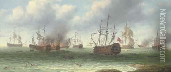 A Naval Engagement Oil Painting - James Hardy