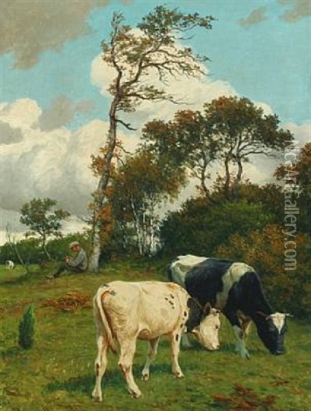 Grazing Cows With The Farmer In The Background Oil Painting - Poul Steffensen