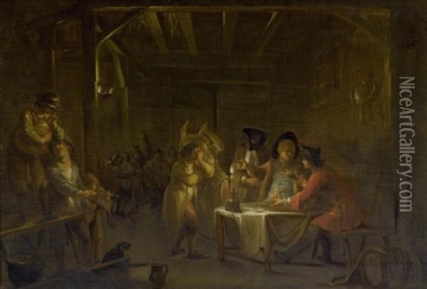 Wirtshausszene Mit Musikanten, Soldaten Und Gasten An Einem Tisch Oil Painting - Johann Heinrich Keller
