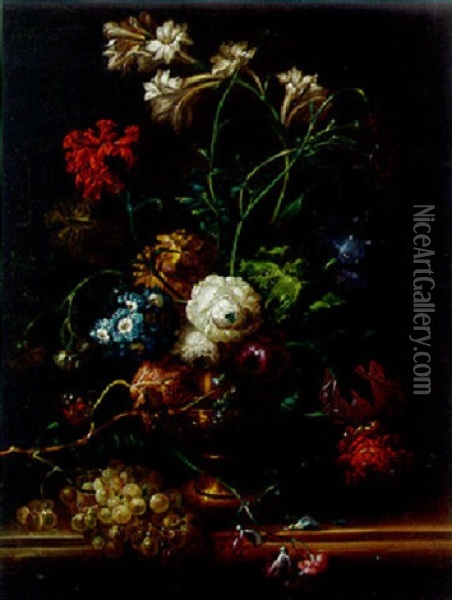 Carnations, Lilies, Peonies, And A Polyanthus In An Urn On A Ledge With Grapes, A Red Admiral And A Cabbage White Butterfly Oil Painting - Johann Baptist Drechsler