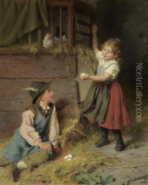 Kinder Beim Eiersammeln Oil Painting - Felix Schlesinger