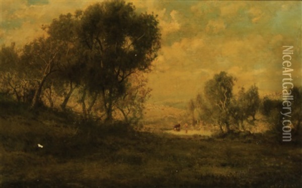 A Wooded Landscape With Cattle Watering In A Pond Oil Painting - Patrick Vincent Berry