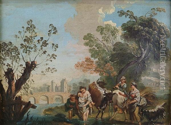 An Italianate Landscape With Peasants And Cattle Fording A River, A Bridge Beyond Oil Painting - Giuseppe Zais