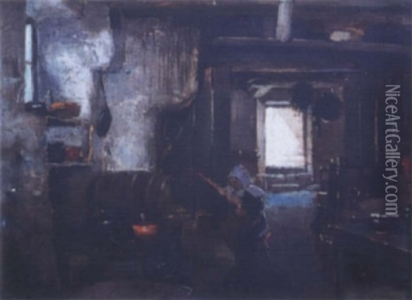Interieur De Ferme, La Fileuse Oil Painting - Henry Jones Thaddeus