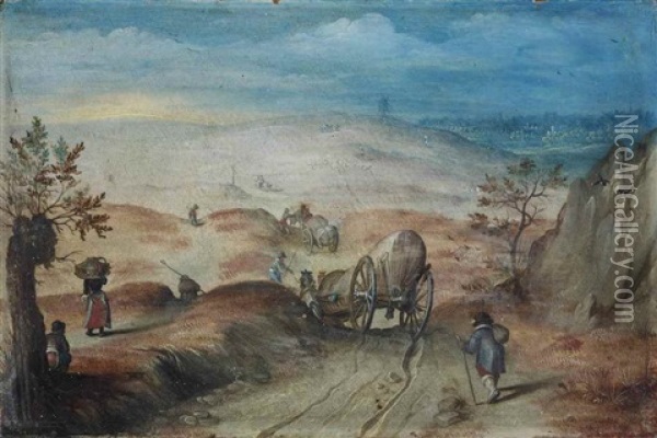 An Extensive, Hilly Landscape With Carriages And Peasants On A Sandy Path Oil Painting - Jan Brueghel the Elder