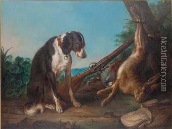 A Dead Hare And Game Birds In A Clearing With A Rifle And A Dog Oil Painting - Alexandre-Francois Desportes
