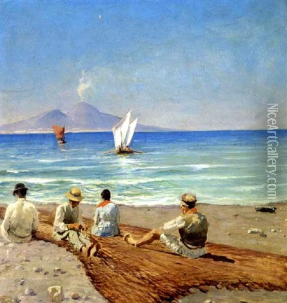 Neapolitanske Fiskere Ordner Net Pa Stranden, I Baggrunden Vesuv Oil Painting - Holger Hvitfeldt Jerichau