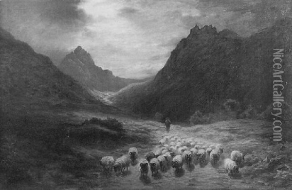 Herder And Sheep In Valley Oil Painting - Joseph Farquharson