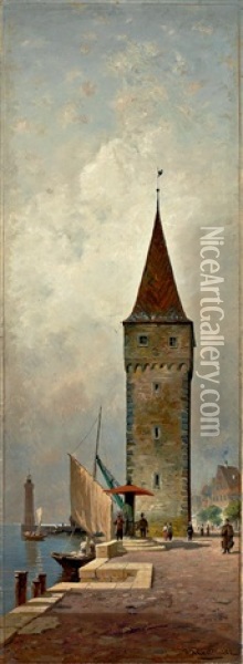 Blick Auf Den Alten Leuchtturm Am Lindauer Hafen Oil Painting - Paul Heitinger