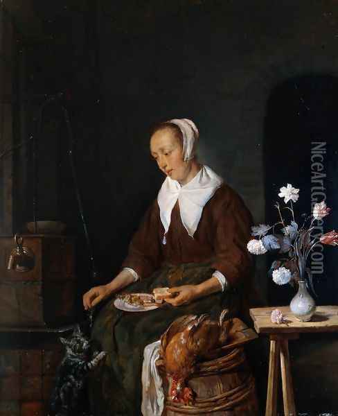 Woman Eating and Feeding her Cat Oil Painting - Gabriel Metsu