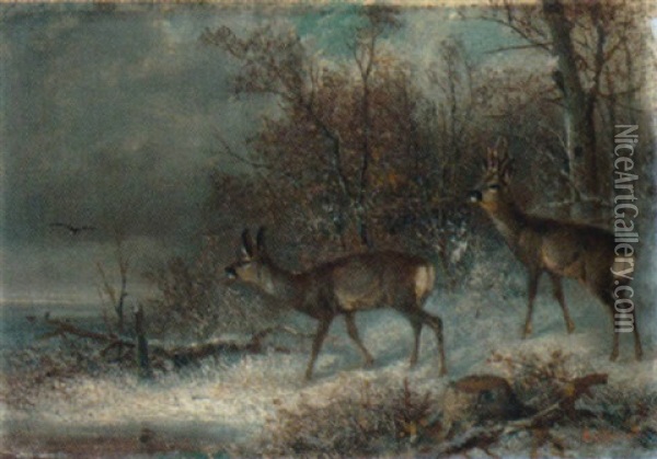 Waldrand Mit Rehwild Im Winter Oil Painting - Carl Friedrich Ockert