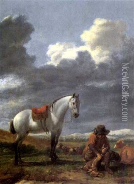 A Peasant With His Catch Of Hares Beside A White Horse And Greyhounds Oil Painting - Karel Dujardin