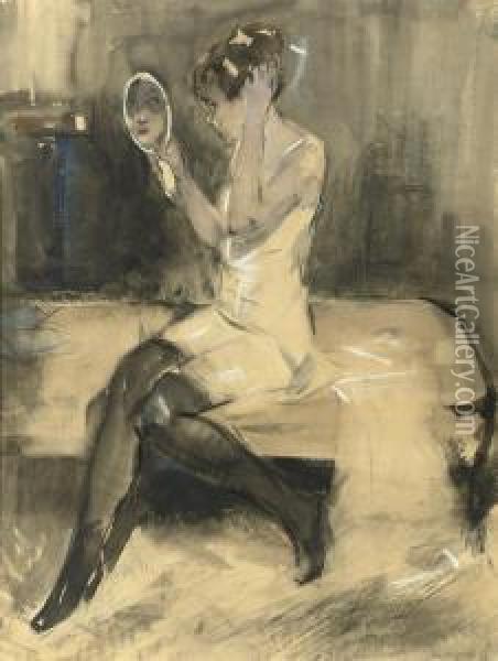 Girl Looking In A Mirror Oil Painting - Han Van Meegeren