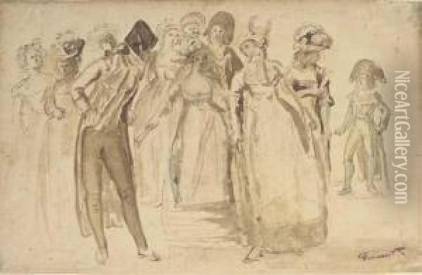 Elegant Ladies And Gentlemen During The Directoire Oil Painting - Leonard Defrance