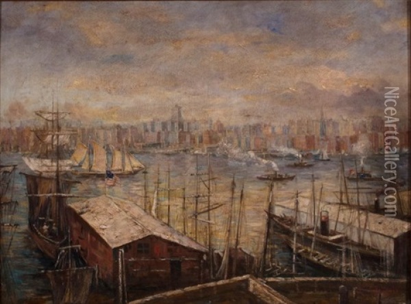 New York Skyline From Brooklyn Oil Painting - Leon Auguste Asselineau