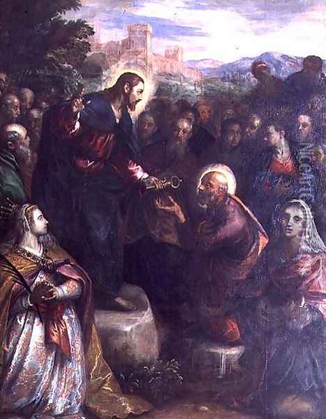 Christ Delivering the Keys to St. Peter with St. Jacinta and St. Justina of Padua Oil Painting - Domenico Tintoretto