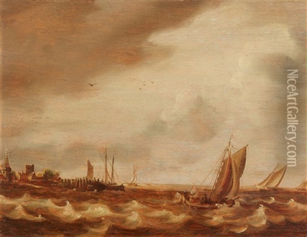 Kustenlandschaft Mit Segelbooten Bei Bewegter See Oil Painting - Abraham van Beyeren