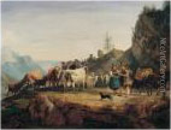 Almabtrieb (return From The Mountain Pasture) Oil Painting - Friedrich Gauermann