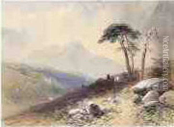Figures And A Pony In The Highlands Of Scotland Oil Painting - Thomas Leeson Rowbotham