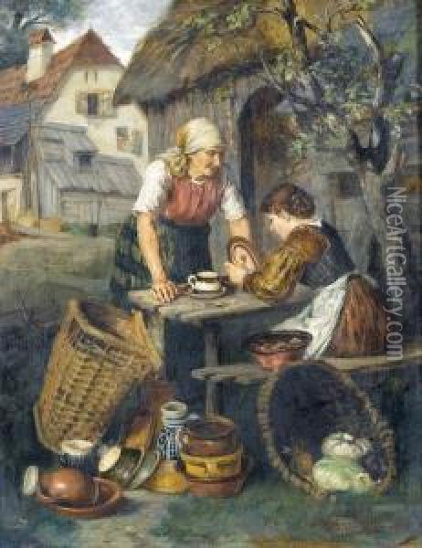 Dorfszene Mit Geschirrhandlerin. Oil Painting - Adolf Muller