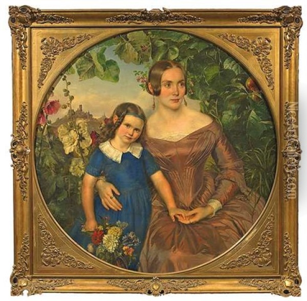 Portrait Der Josefine Wernher Mit Ihrer Tochter Julie Vor Landschaftshintergrund Oil Painting - Wilhelm Trautschold