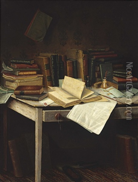 Still Life Of Books, Brush, Inkwell And A Pen On A Table Oil Painting - Edward N. Griffith