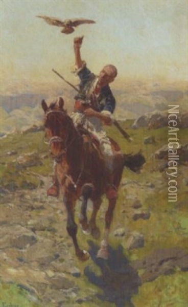Reiter Bei Der Falkenjagd Im Kaukasus Oil Painting - Franz Roubaud