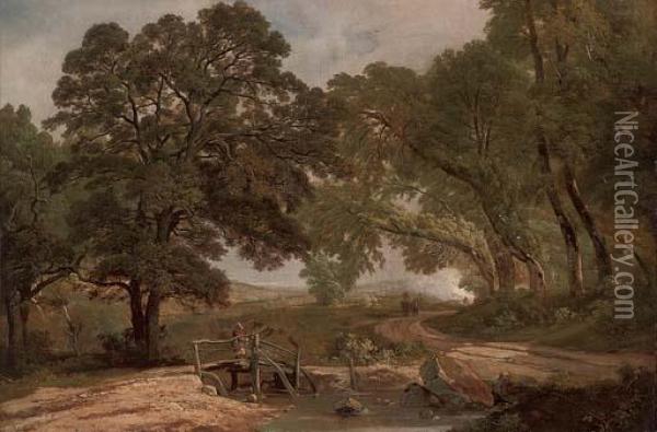 A Figure Beside A Wooded Pool Oil Painting - Robert Ladbrooke