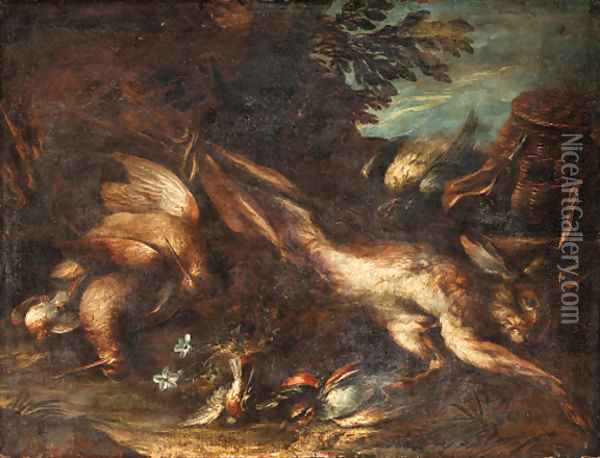 A dead hare, a snipe and songbirds, with a powder bag and game basket in a landscape Oil Painting - Niccolo Cassana