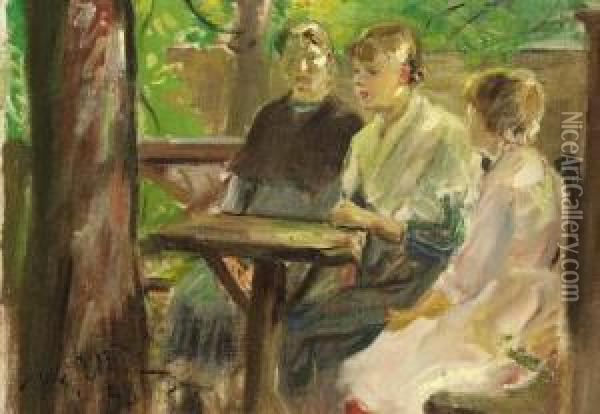 Die Tochter Des Kunstlers Im Garten: The Daughters Of The Artist In The Garden Oil Painting - Fritz von Uhde