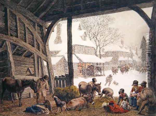 A Village Snow Scene Oil Painting - Robert Hills