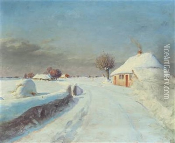 Scenery At A Smaller House On A Clear Winter Day Oil Painting - Hans Andersen Brendekilde