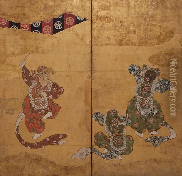 Bugaku Dancers Oil Painting - Ogawa Haritsu