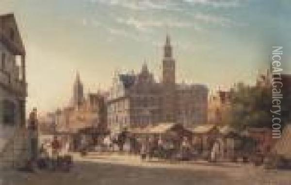 A Flemish Market Place Oil Painting - William Raymond Dommersen