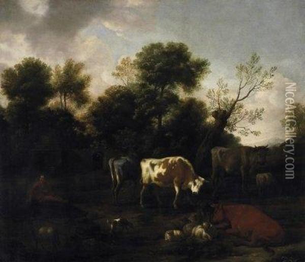 Landscape With Livestock. Unreaderly Denoted Bottom Left Of The Centre Oil Painting - Dirk van Bergen