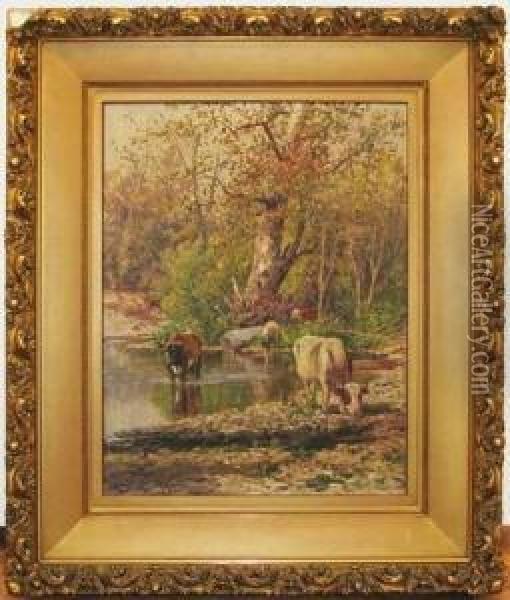 Cows Grazing In An Stream Oil Painting - Thomas Corwin Lindsay