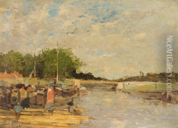 Flusslandschaft Mit Schiffsanlegestelle Oil Painting - Edmond Marie Petitjean