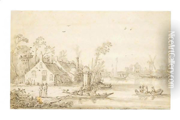 River Landscape With Boats By Cottages, And A Mill Behind Oil Painting - Esaias Van De Velde