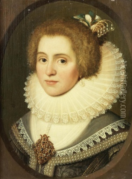 Portrait Of Amalia Van Solms -braunfels, Bust-length, In An Embroidered Dress, Within A Painted Oval Oil Painting - Michiel Janszoon van Mierevelt