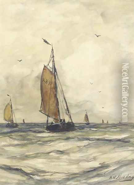 Sailing vessels at sea by Scheveningen Oil Painting - Hendrik Willem Mesdag
