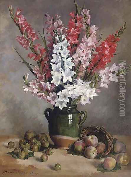Gladioli in an earthenware ewer with peaches and plums Oil Painting - Marie Dubreuil